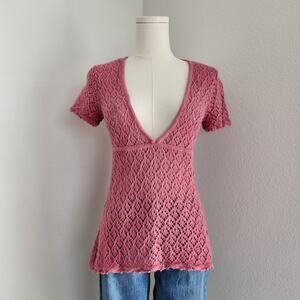 Vintage Y2K Pink Crochet Knit Deep V Neck Empire Waist Short Sleeve Top Apt 9 XS